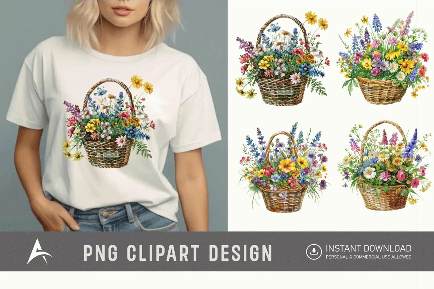 Watercolor Basket Of Flowers Clipart product image 1