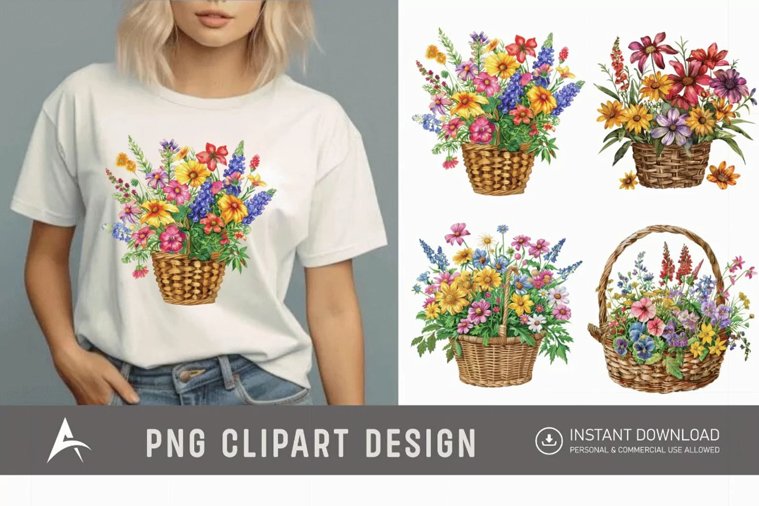 Watercolor Basket Of Flowers Clipart product image 1