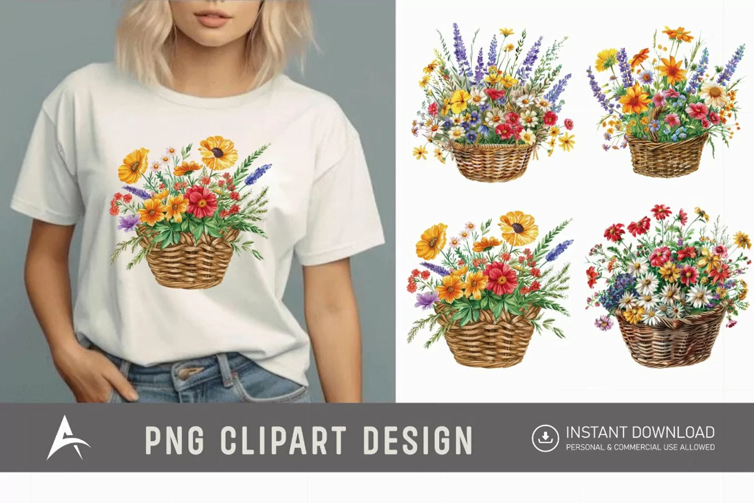 Watercolor Basket Of Flowers Clipart product image 1