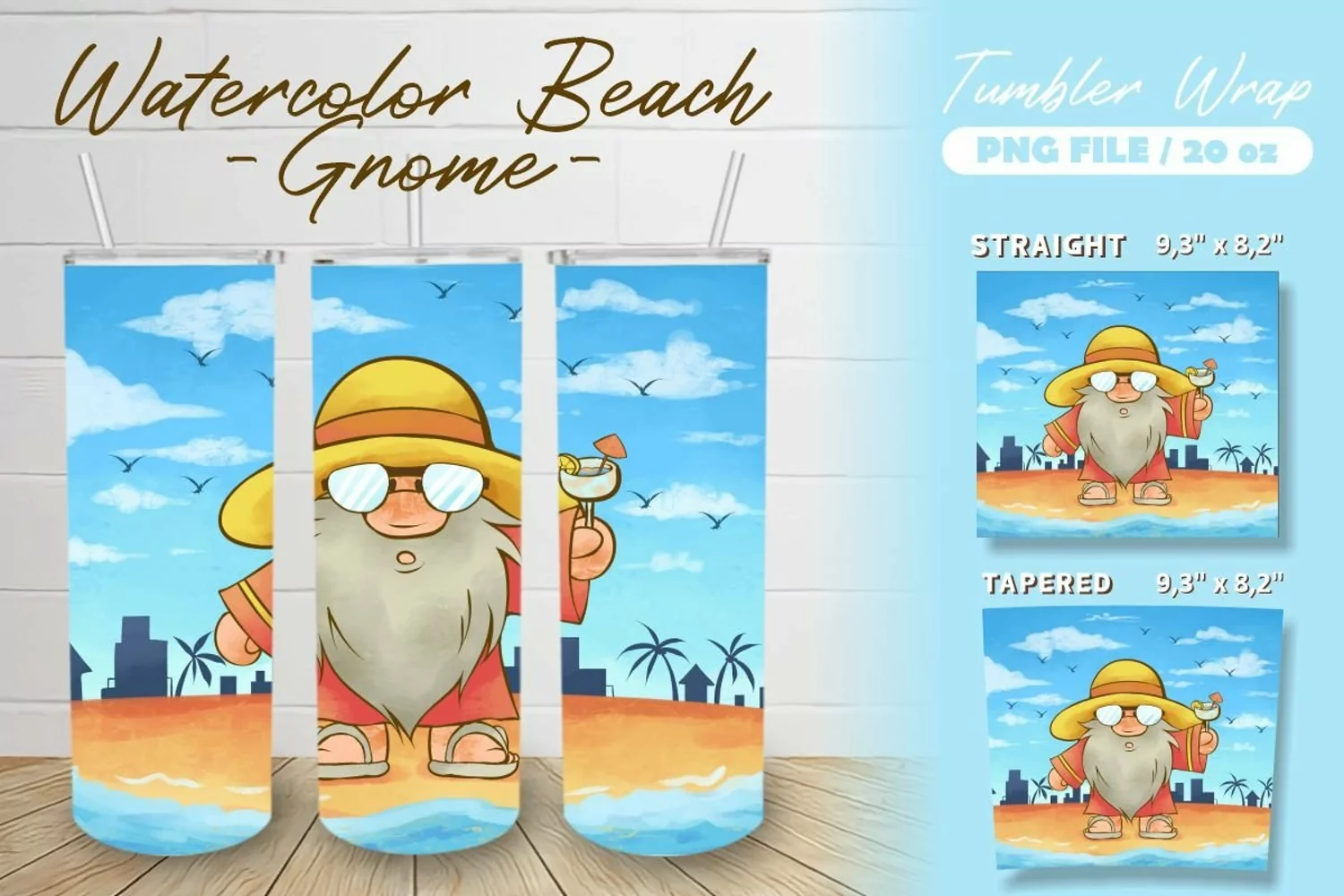 Watercolor Beach Gnome Tumbler Wrap, Summer Paradise Tumbler product image 1