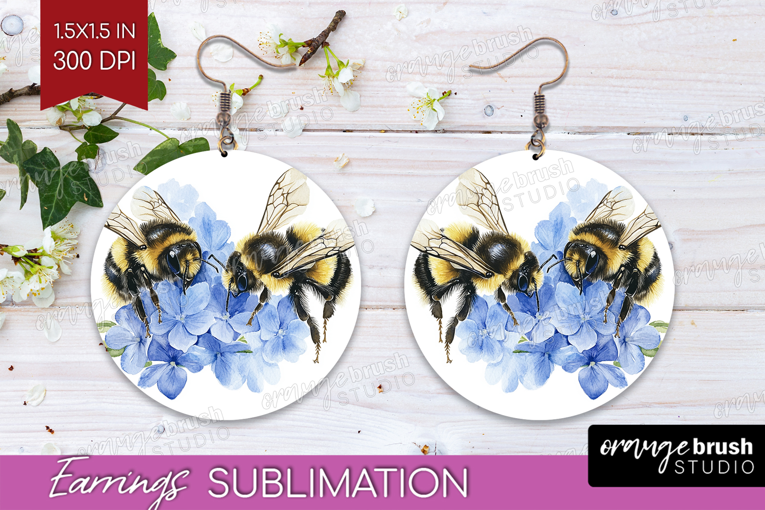 Bee Round Earrings - Watercolor Bee PNG Sublimation product image 1