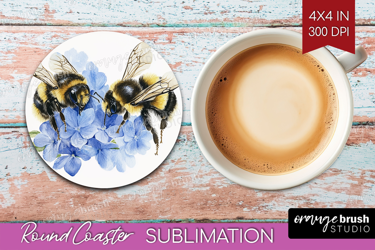 Bee Round Coaster - Watercolor Bee Coaster PNG Sublimation product image 1