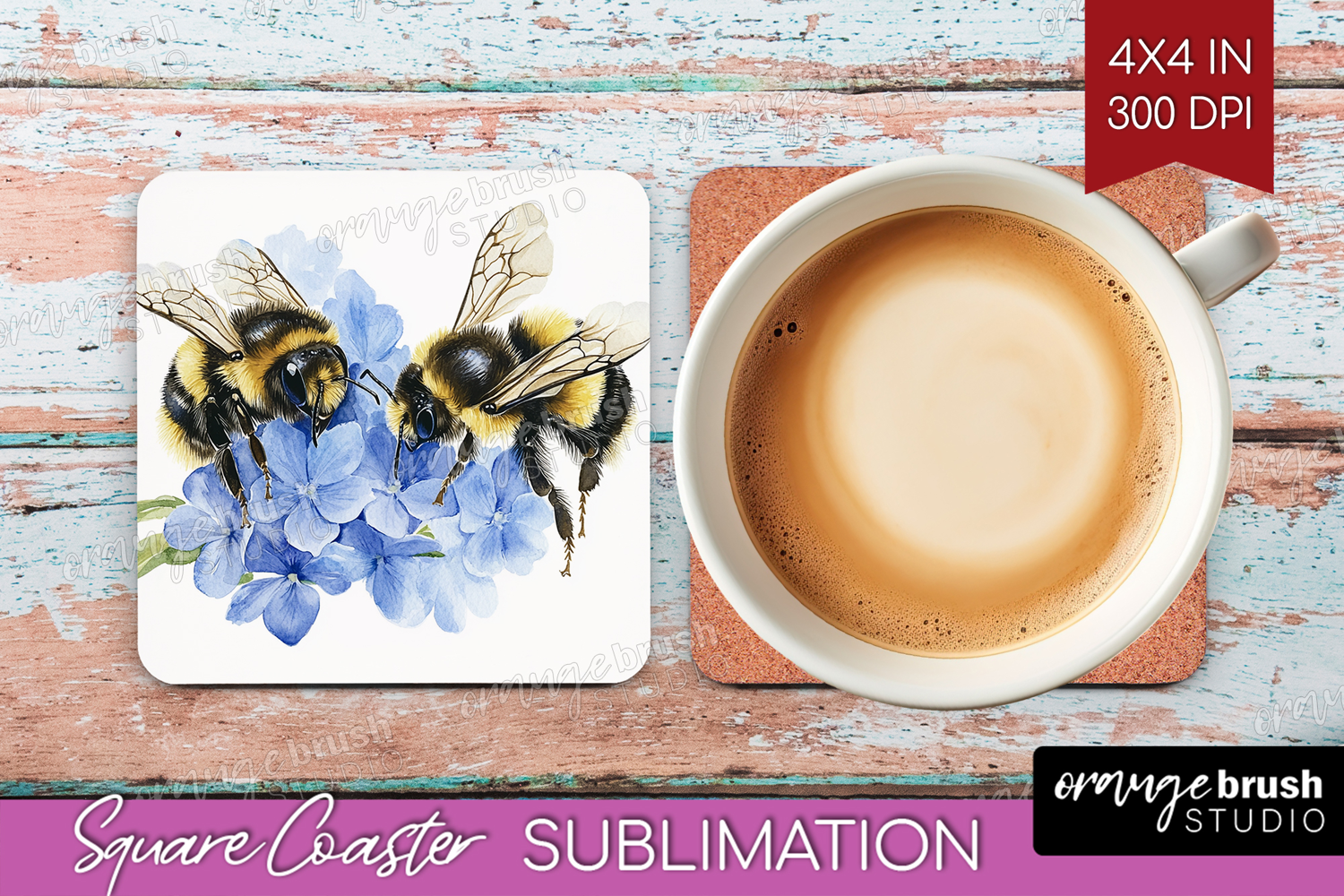 Bee Square Coaster - Watercolor Bee Coaster PNG Sublimation product image 1