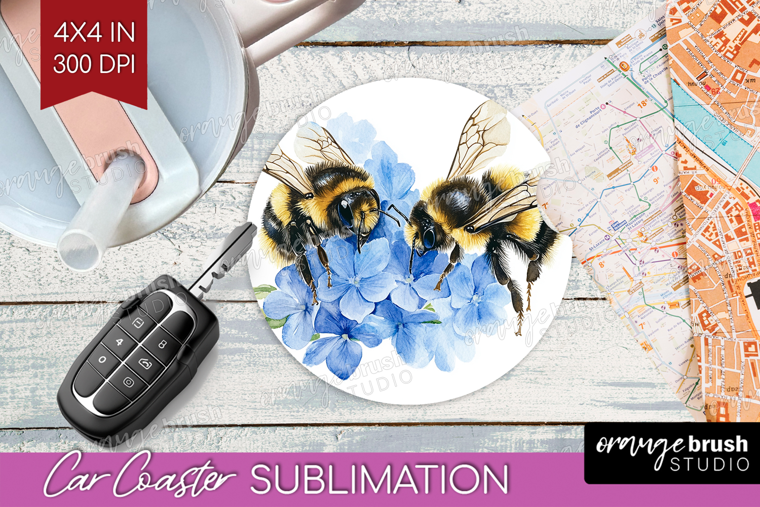 Bee Car Coaster - Watercolor Bee Coaster PNG Sublimation product image 1