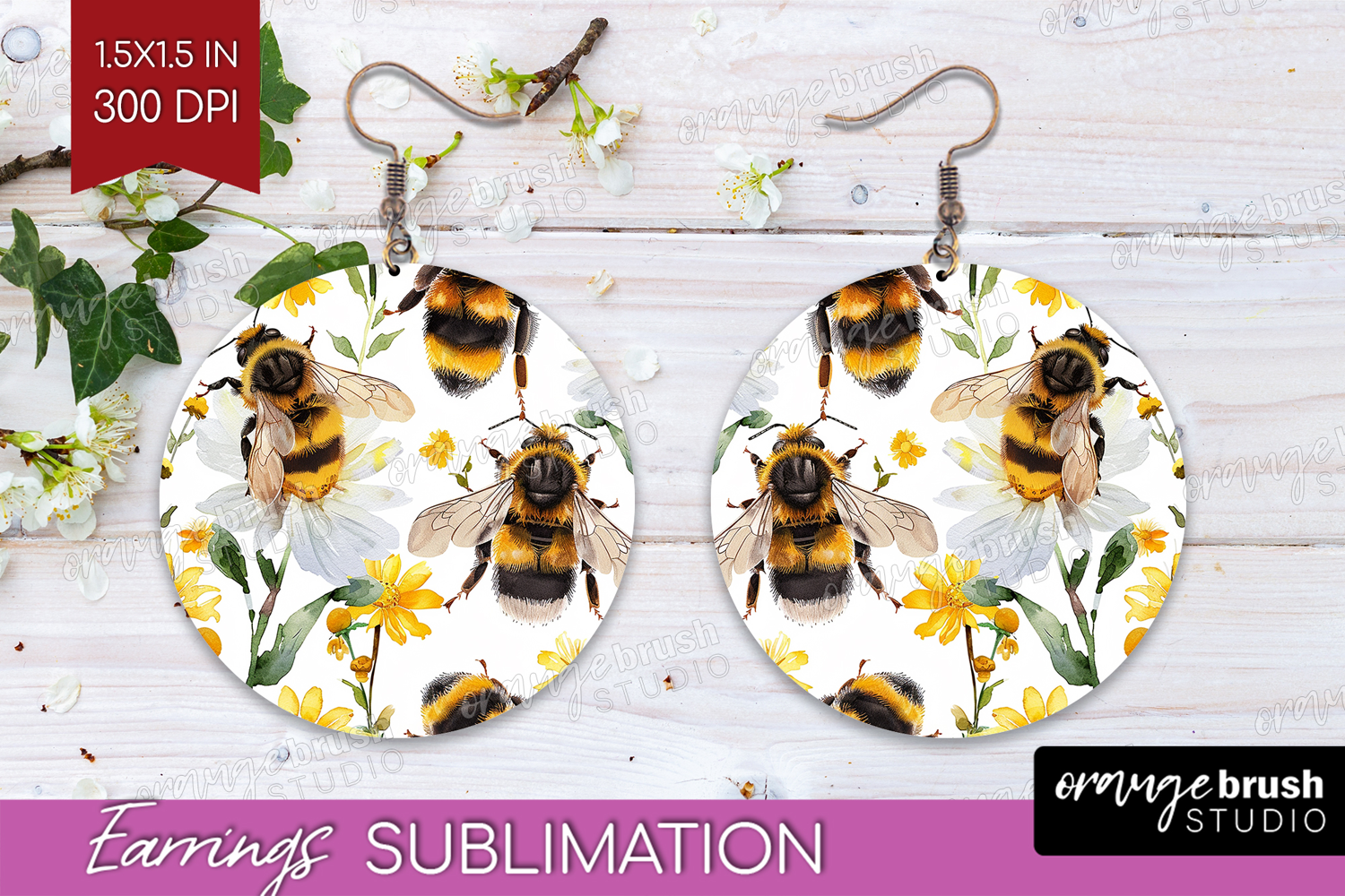 Bee Round Earrings - Watercolor Bee PNG Sublimation product image 1