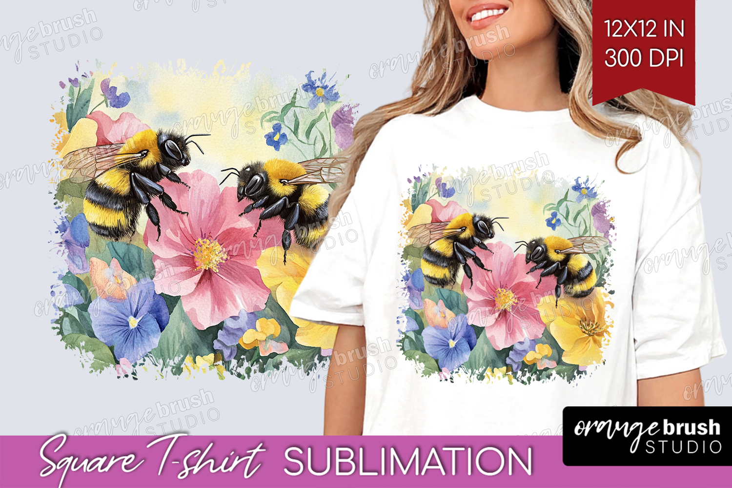 Bee Square Tshirt Background - Watercolor Bee PNG product image 1