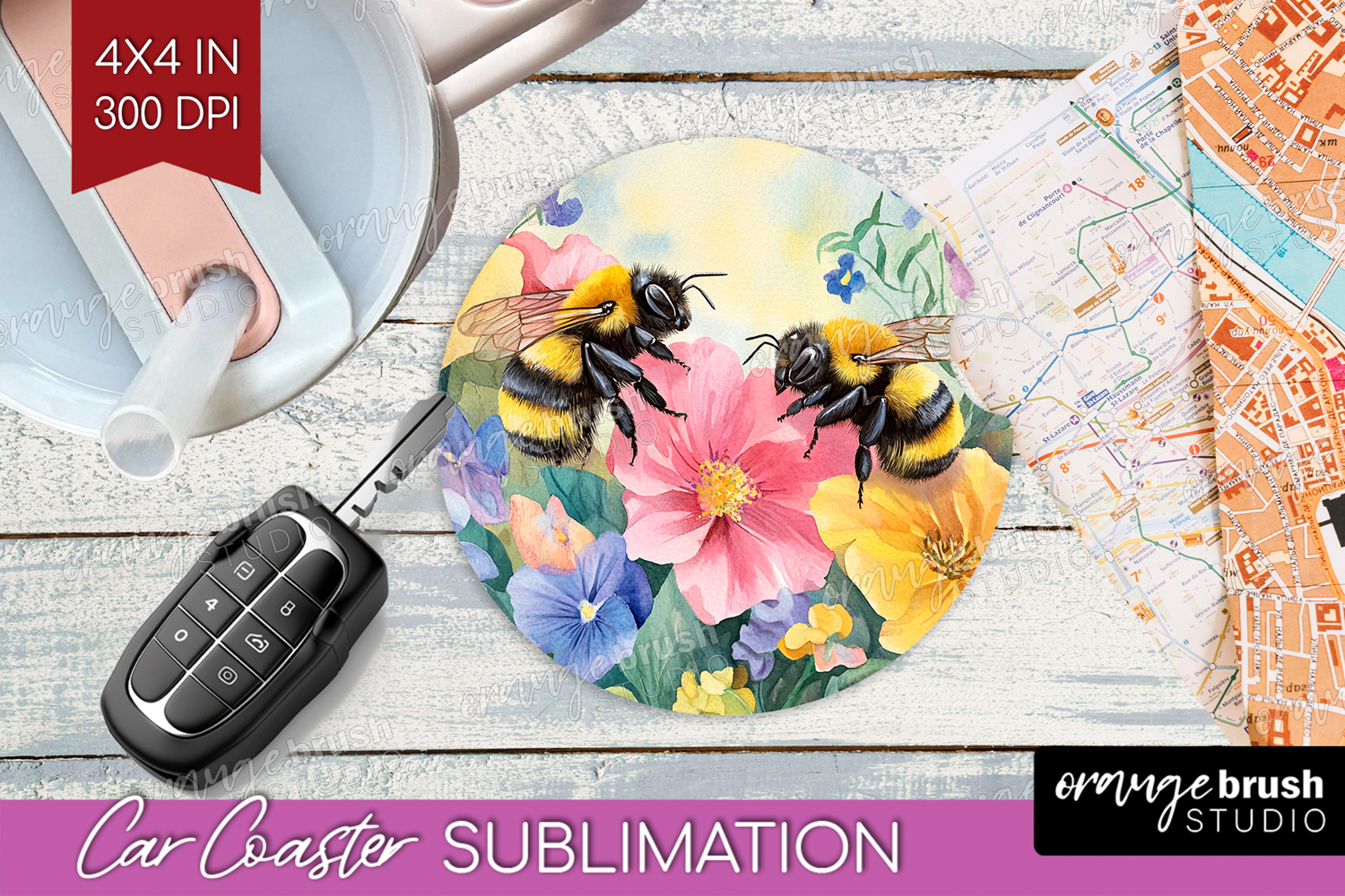 Bee Car Coaster - Watercolor Bee Coaster PNG Sublimation product image 1