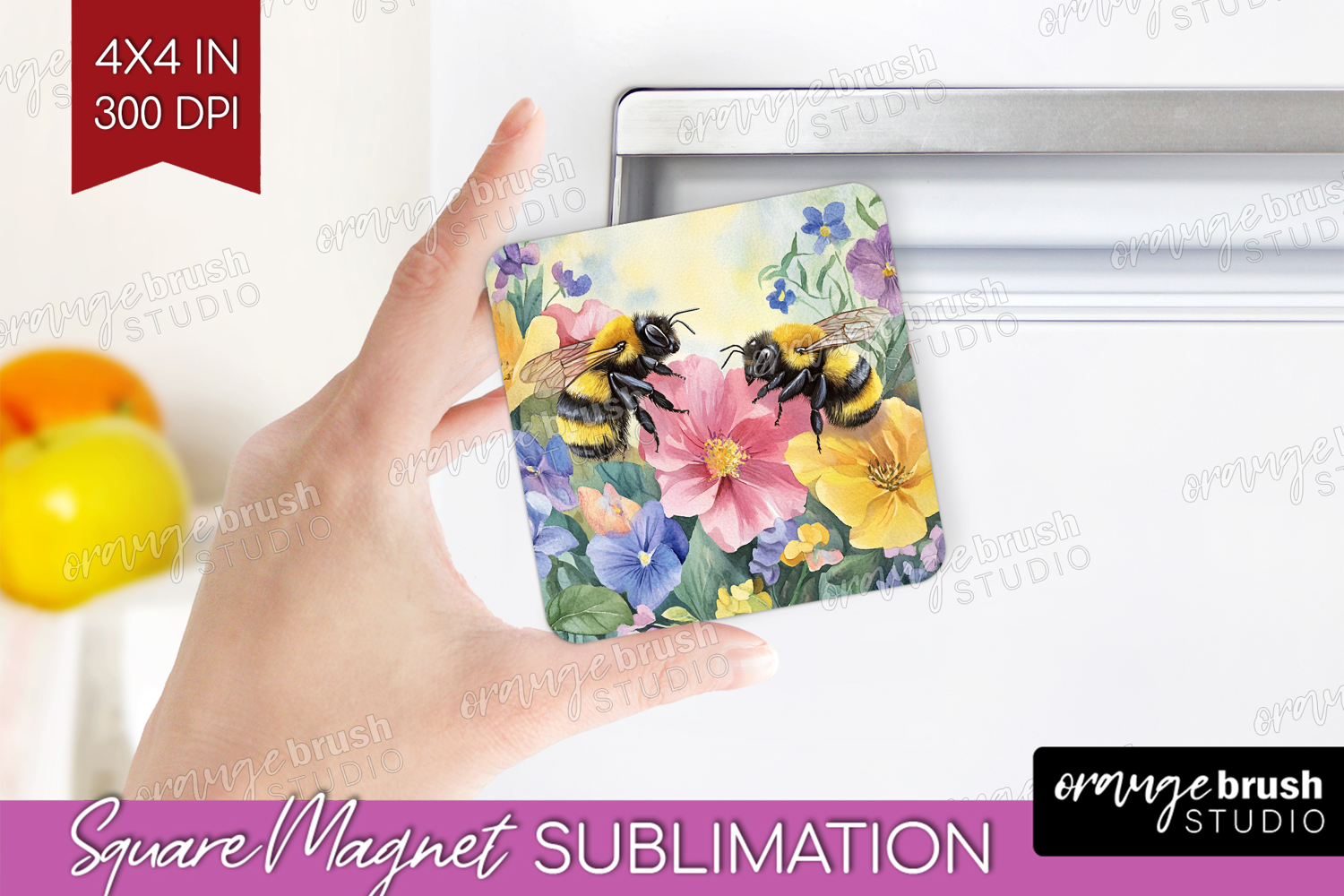 Bee Magnet Sublimation - Watercolor Bee Square Magnet PNG product image 1