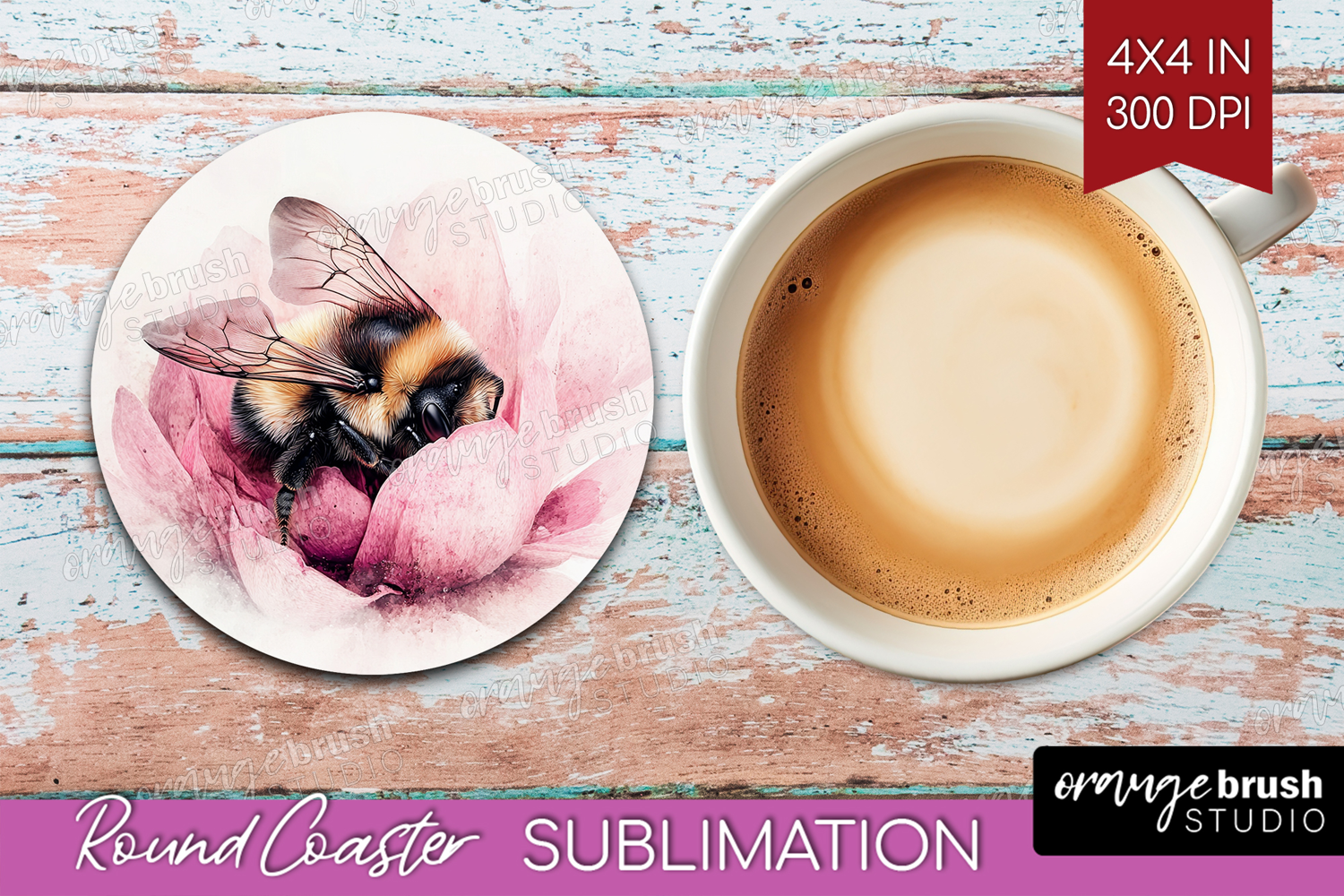 Bee Round Coaster - Watercolor Bee Coaster PNG Sublimation product image 1