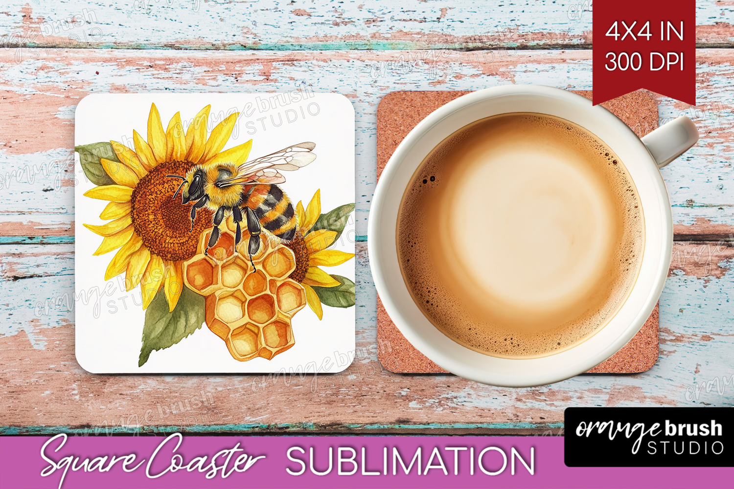 Bee Square Coaster - Watercolor Bee Coaster PNG Sublimation product image 1
