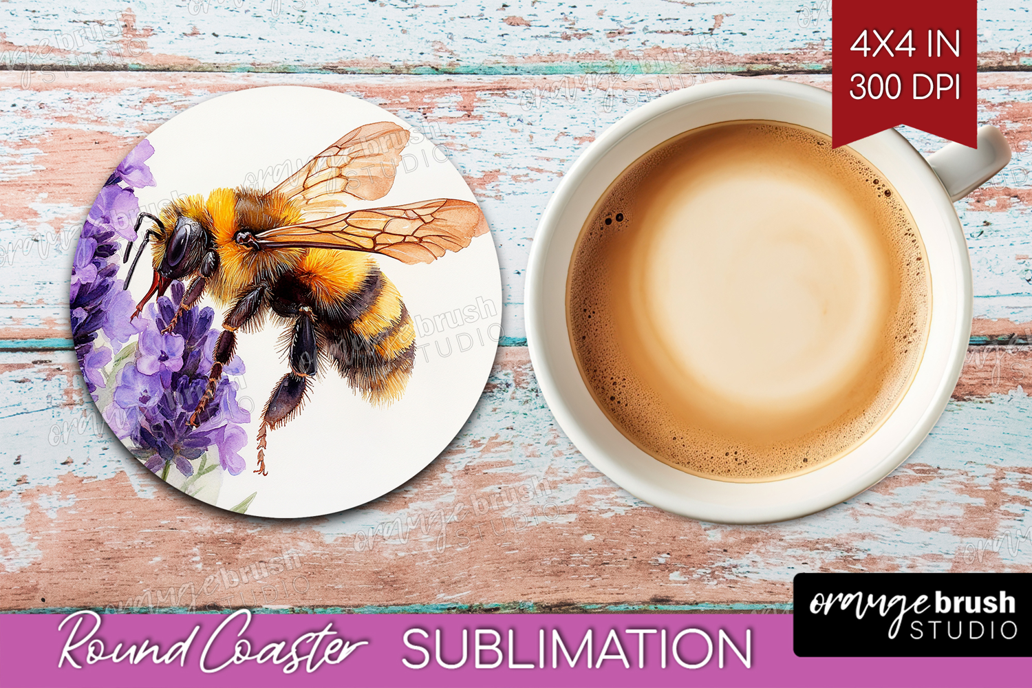 Bee Round Coaster - Watercolor Bee Coaster PNG Sublimation product image 1