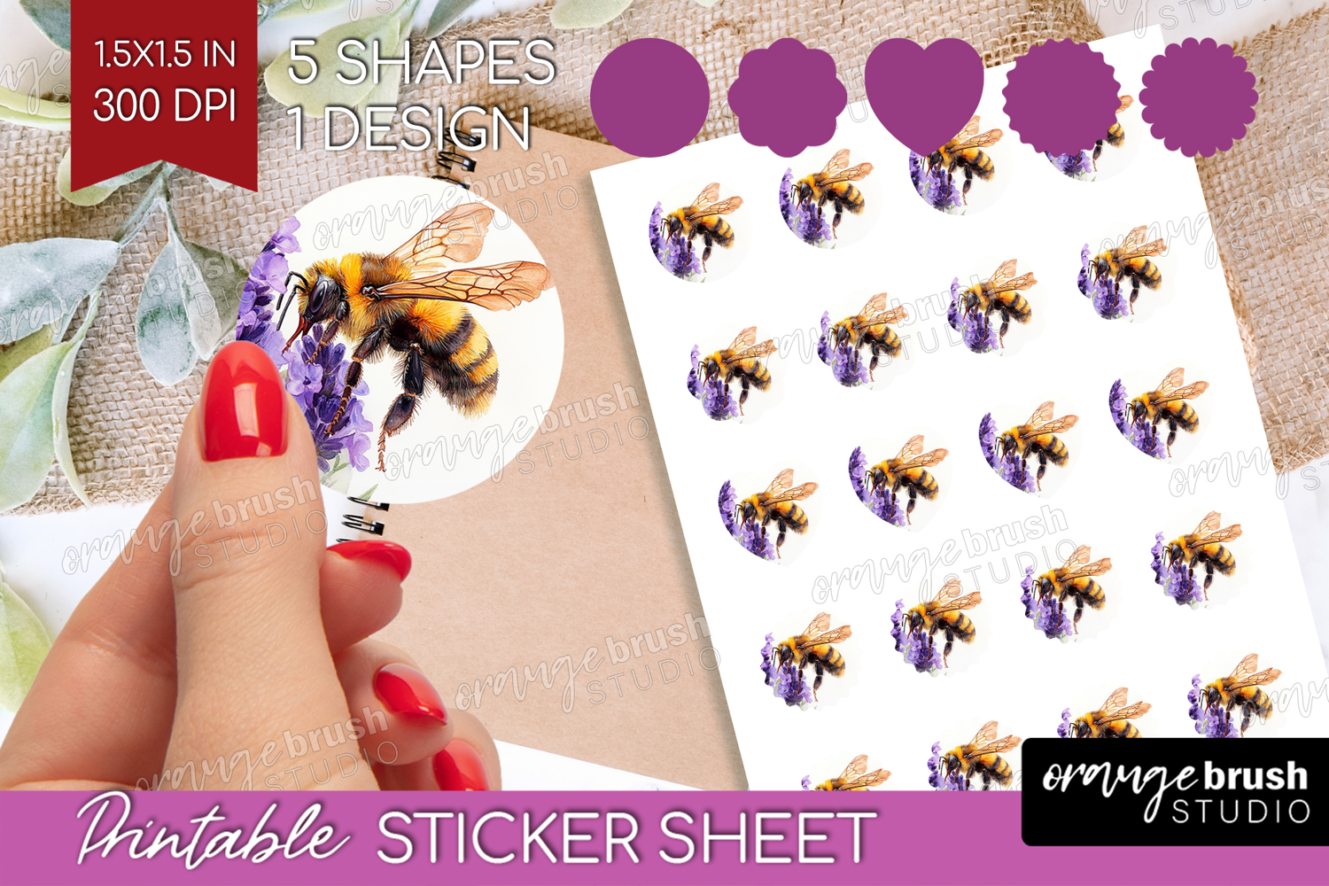 Bee Round Sticker - Watercolor Bee Printable Sticker Sheet product image 1