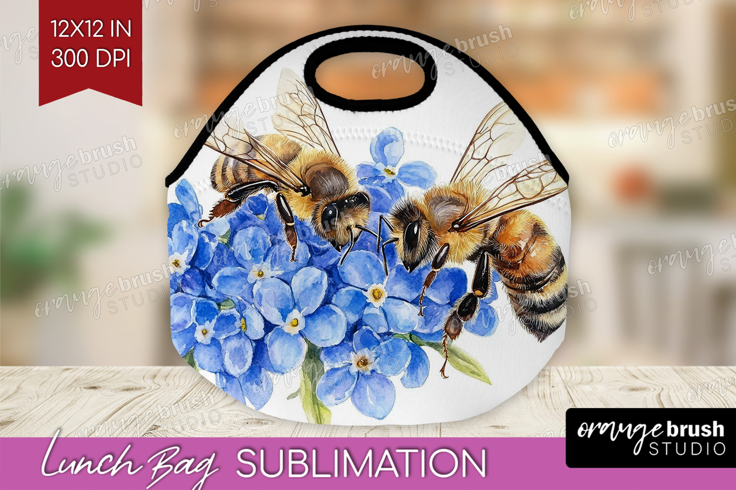 Bee Lunch Bag - Watercolor Bee Lunch Bug PNG Sublimation product image 1