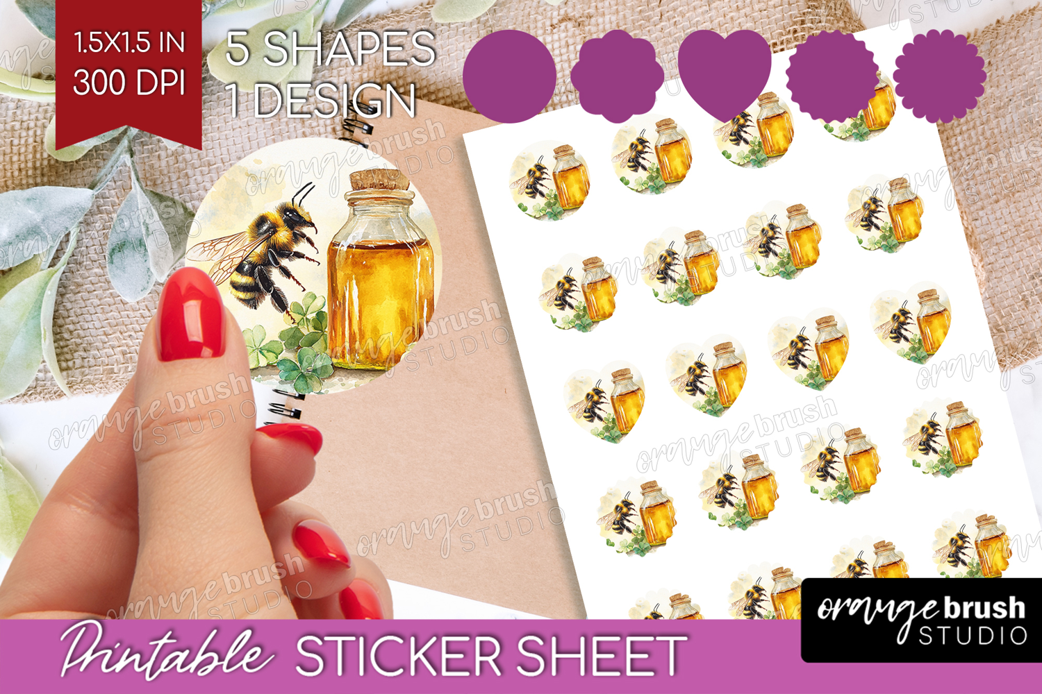 Bee Round Sticker - Watercolor Bee Printable Sticker Sheet product image 1