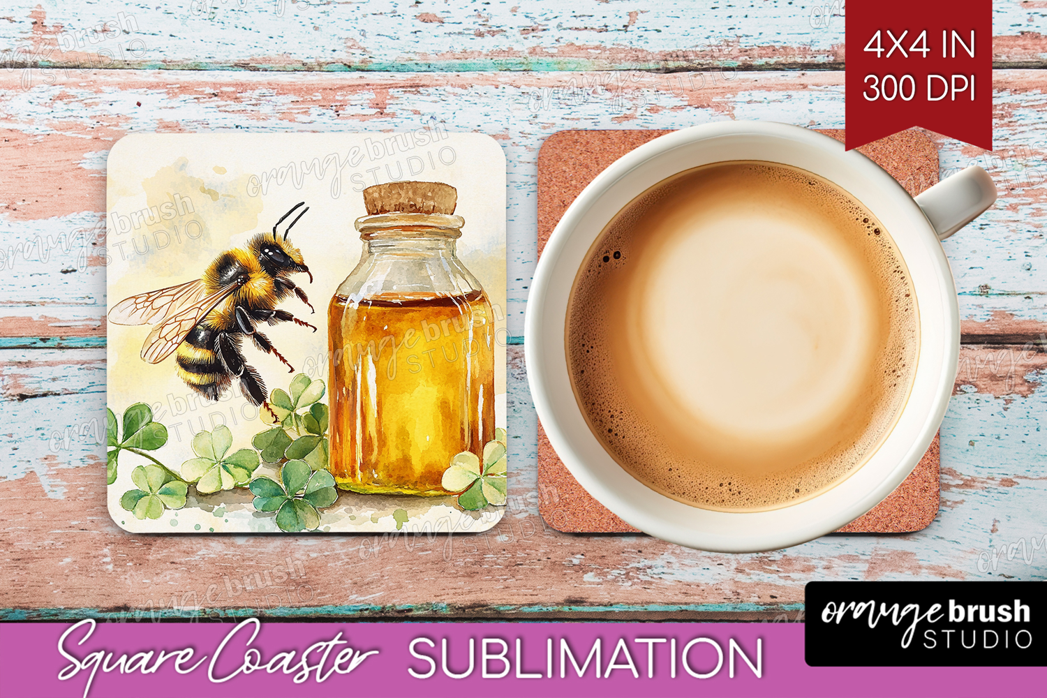 Bee Square Coaster - Watercolor Bee Coaster PNG Sublimation product image 1