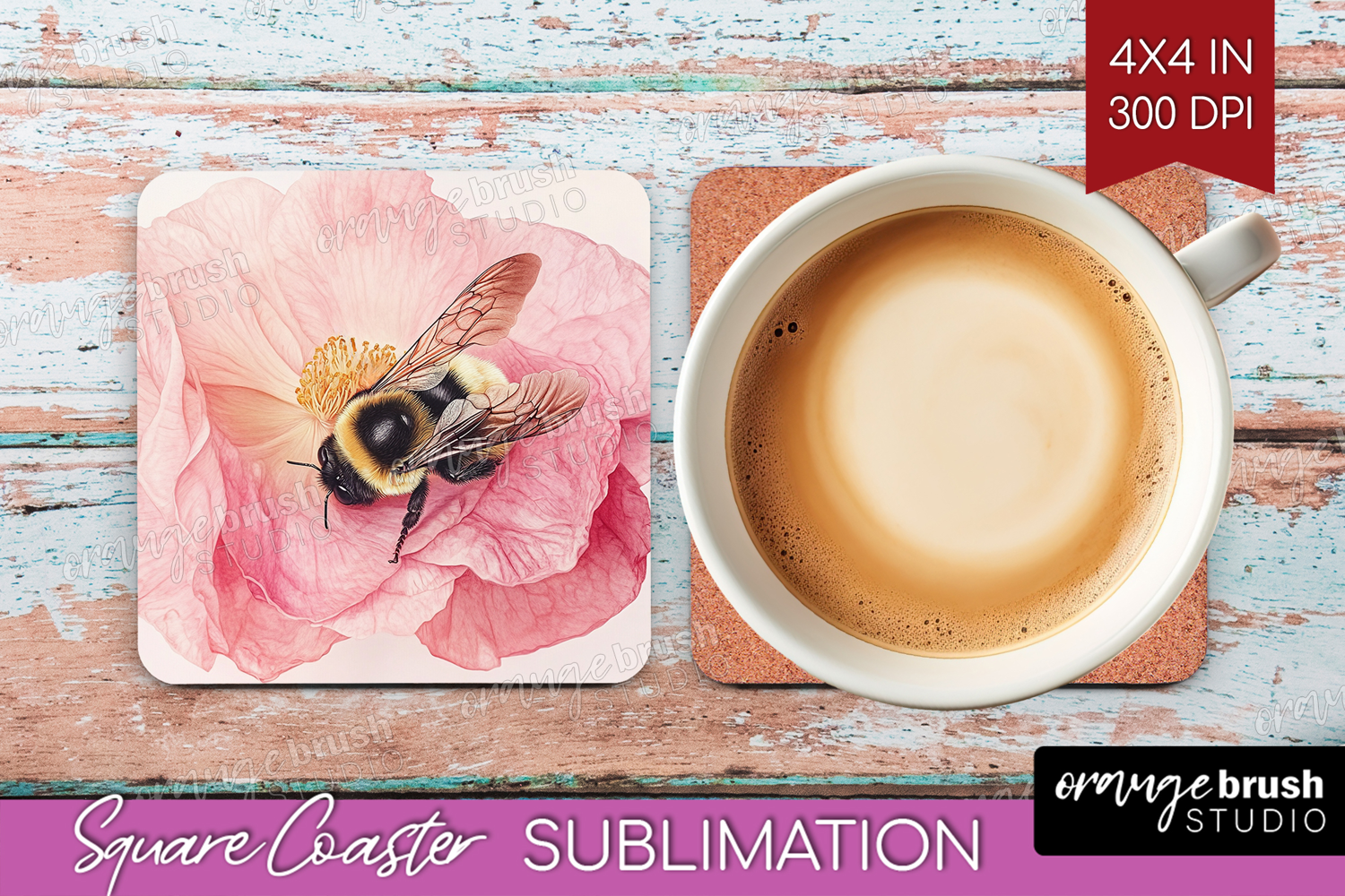 Bee Square Coaster - Watercolor Bee Coaster PNG Sublimation product image 1