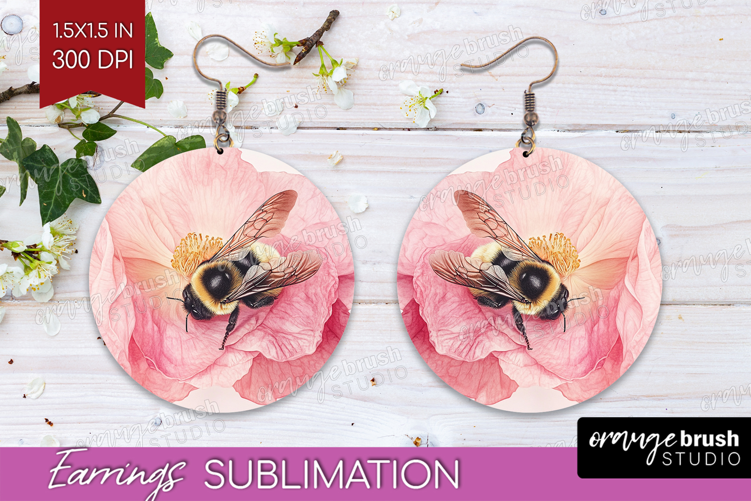 Bee Round Earrings - Watercolor Bee PNG Sublimation product image 1