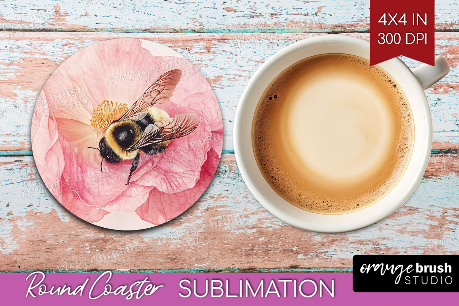 Bee Round Coaster - Watercolor Bee Coaster PNG Sublimation product image 1