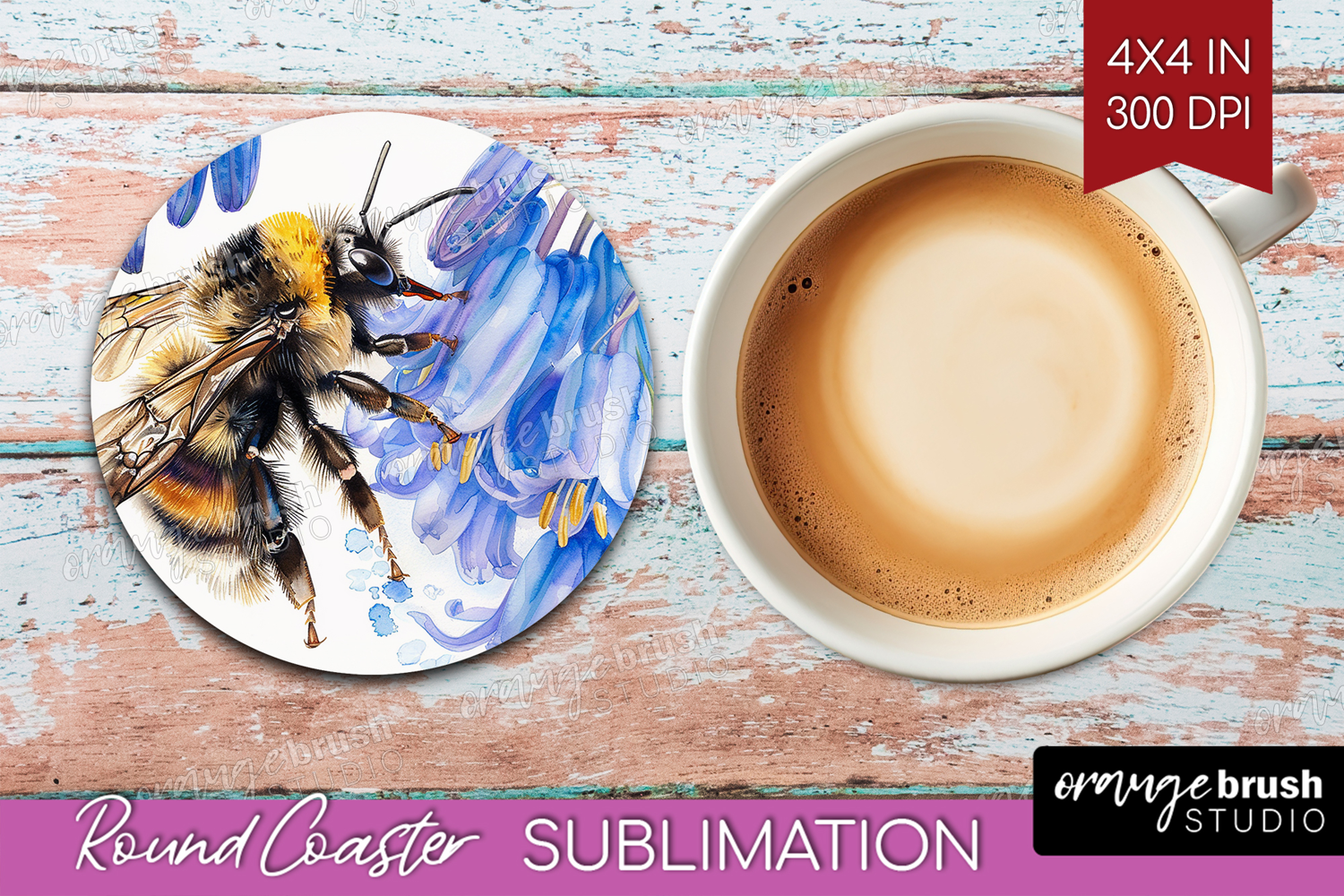 Bee Round Coaster - Watercolor Bee Coaster PNG Sublimation product image 1