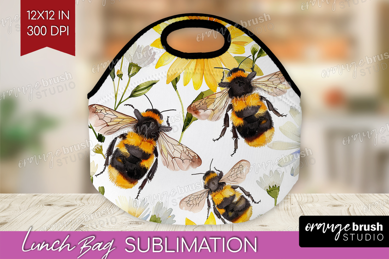 Bee Lunch Bag - Watercolor Bee Lunch Bug PNG Sublimation product image 1