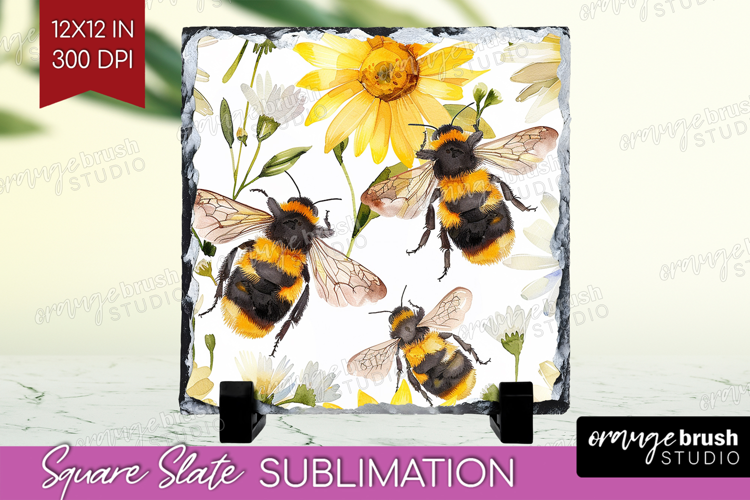 Bee Slate PNG - Watercolor Bee Square Slate Sublimation product image 1