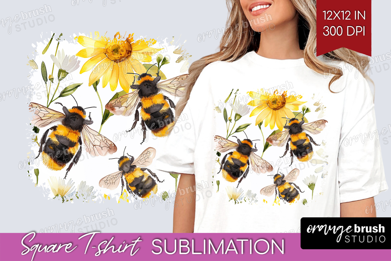 Bee Square Tshirt Background - Watercolor Bee PNG product image 1