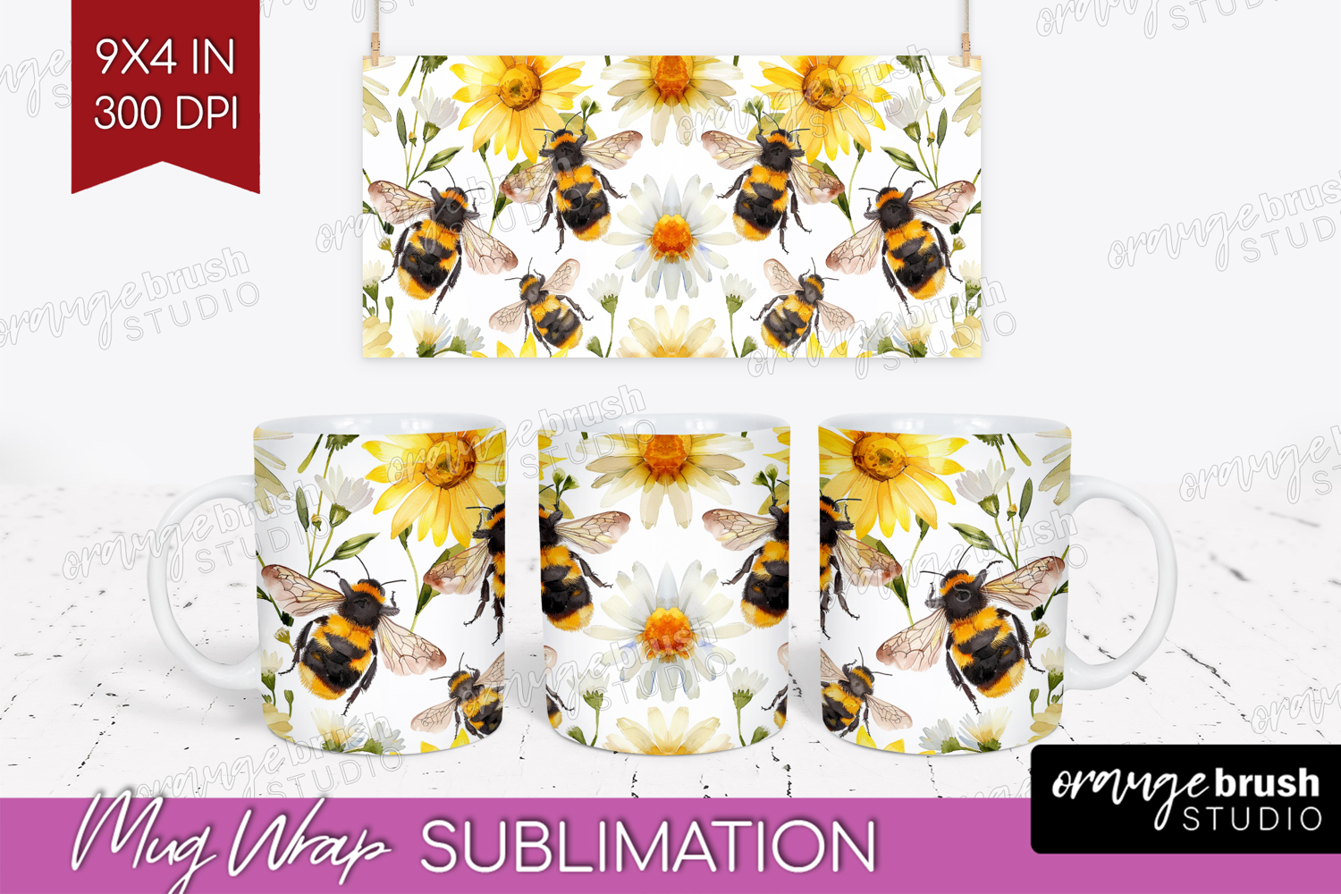 Bee Mug Wrap - Watercolor Bee Mug PNG Sublimation product image 1