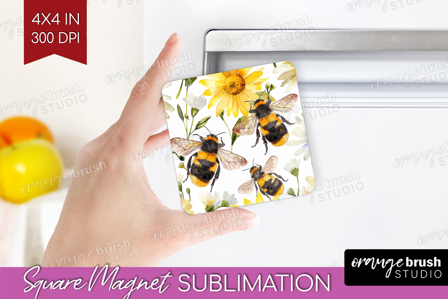 Bee Magnet Sublimation - Watercolor Bee Square Magnet PNG product image 1