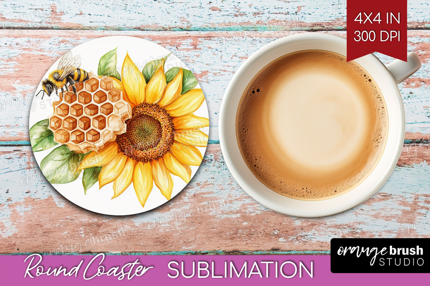 Bee Round Coaster - Watercolor Bee Coaster PNG Sublimation product image 1