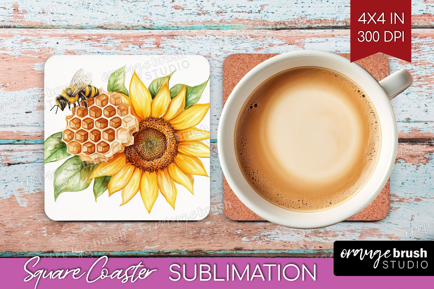 Bee Square Coaster - Watercolor Bee Coaster PNG Sublimation product image 1