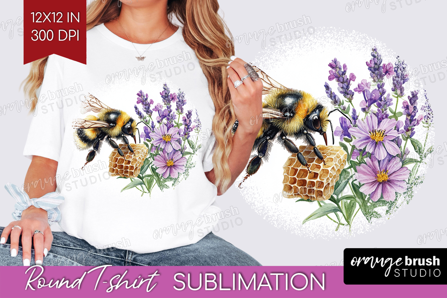 Bee Round Tshirt Background - Watercolor Bee PNG Sublimation product image 1