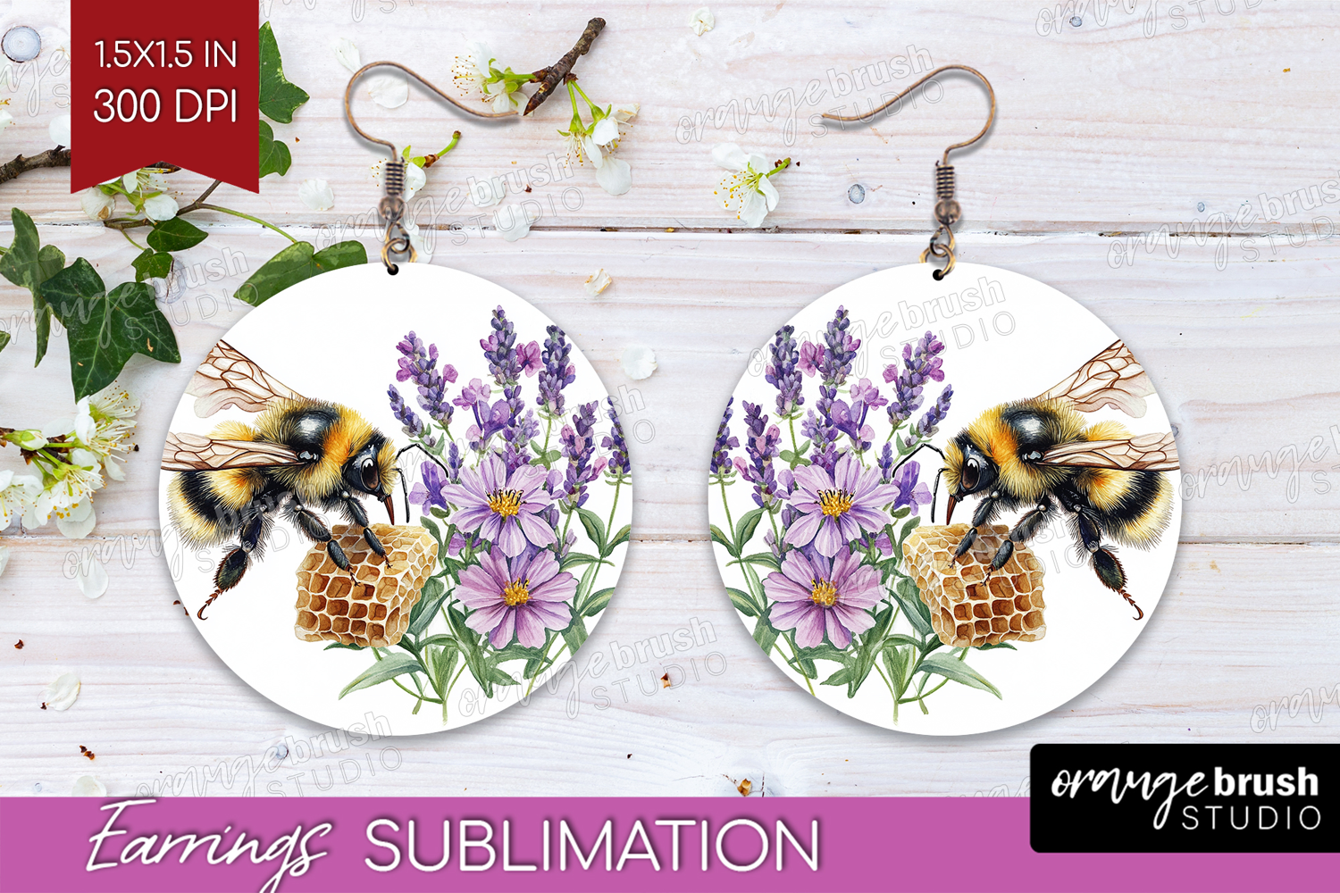 Bee Round Earrings - Watercolor Bee PNG Sublimation product image 1
