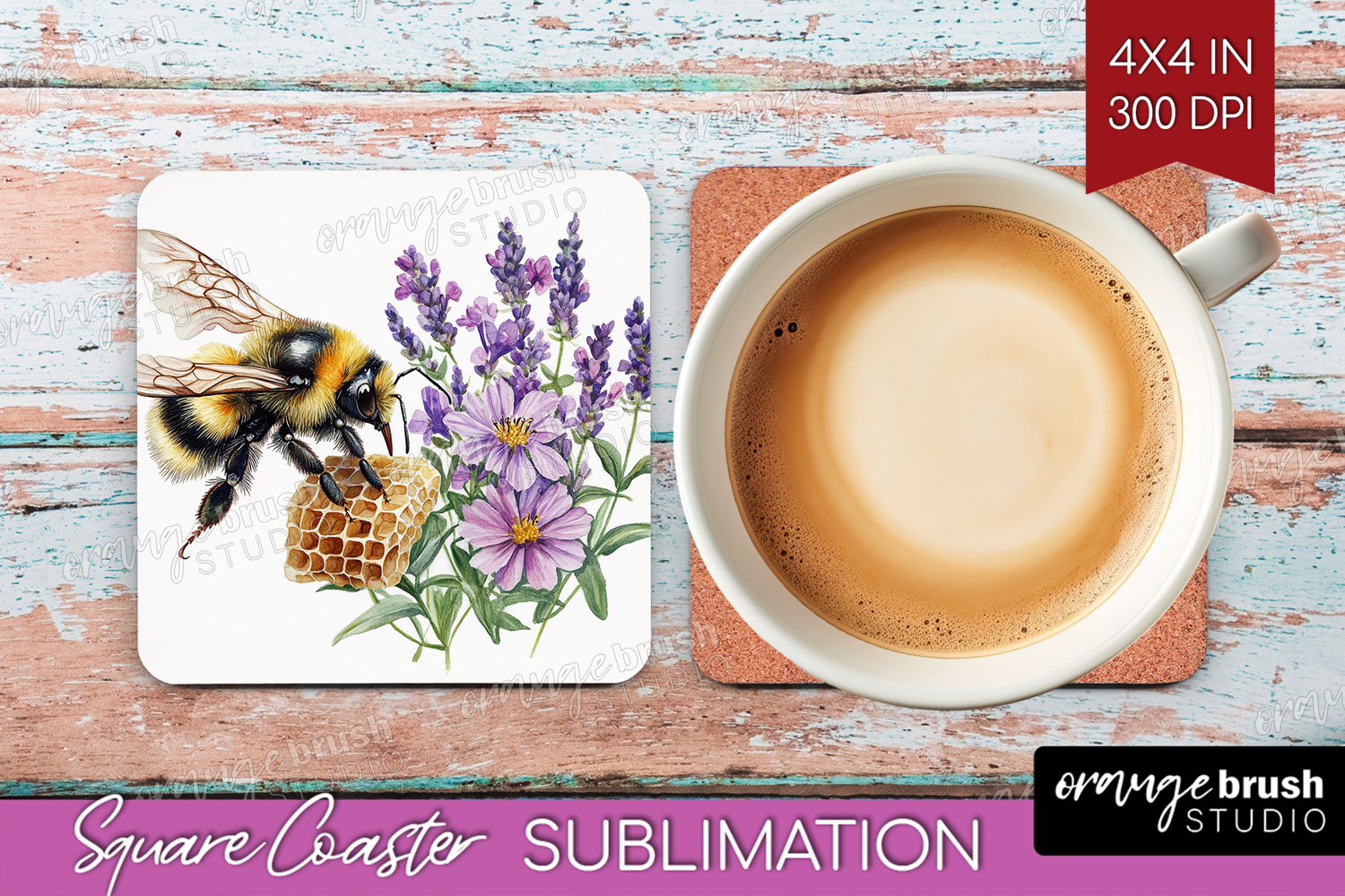 Bee Square Coaster - Watercolor Bee Coaster PNG Sublimation product image 1