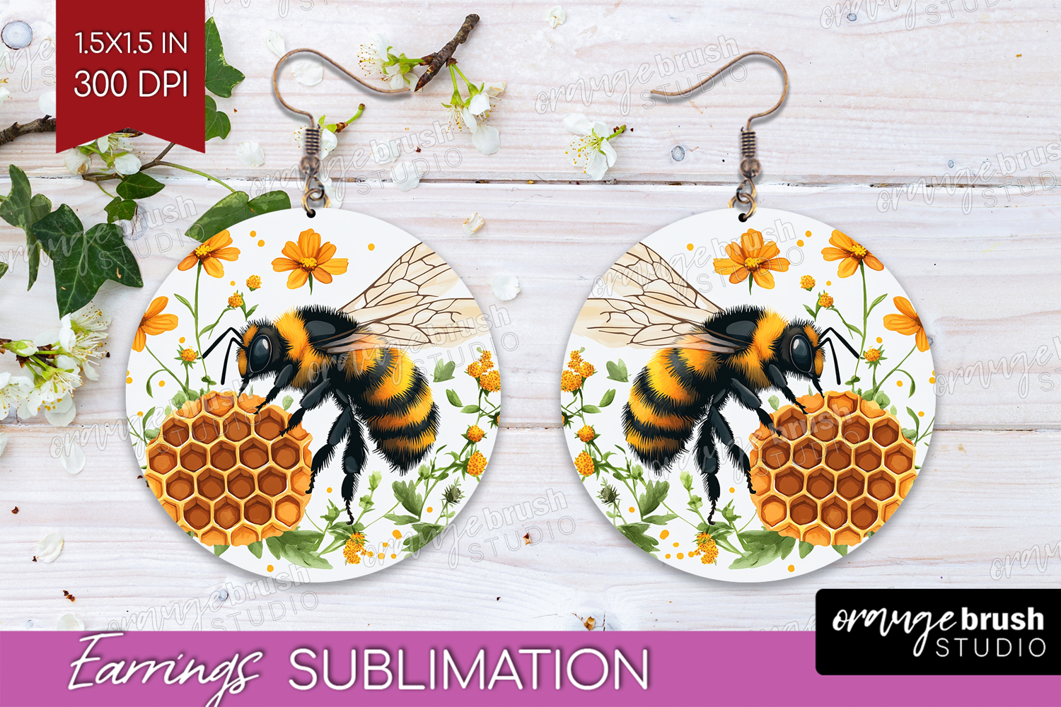 Bee Round Earrings - Watercolor Bee PNG Sublimation product image 1