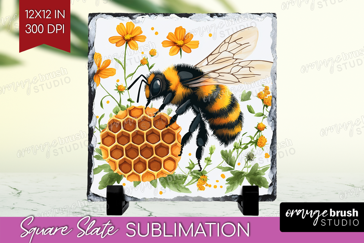 Bee Slate PNG - Watercolor Bee Square Slate Sublimation product image 1