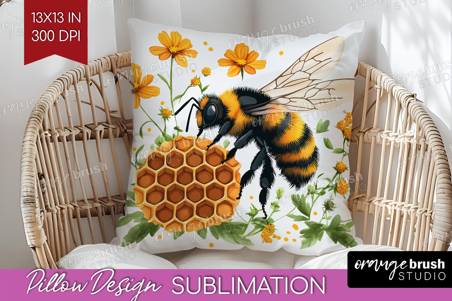 Bee Pillow Sublimation - Watercolor Bee Pillow Cover PNG product image 1