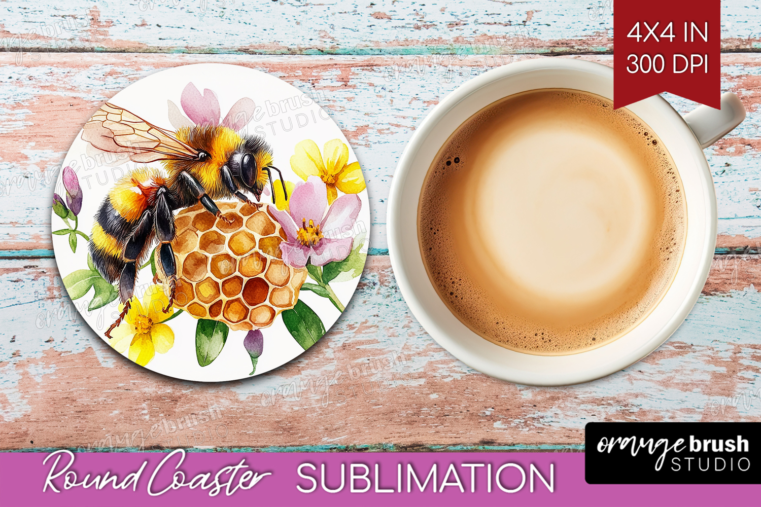Bee Round Coaster - Watercolor Bee Coaster PNG Sublimation product image 1