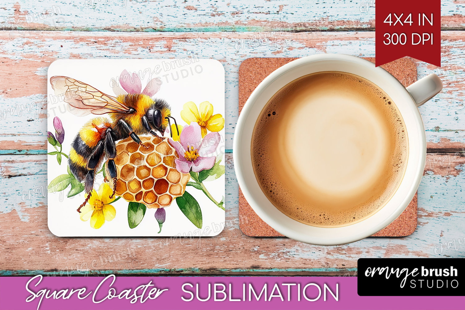 Bee Square Coaster - Watercolor Bee Coaster PNG Sublimation product image 1