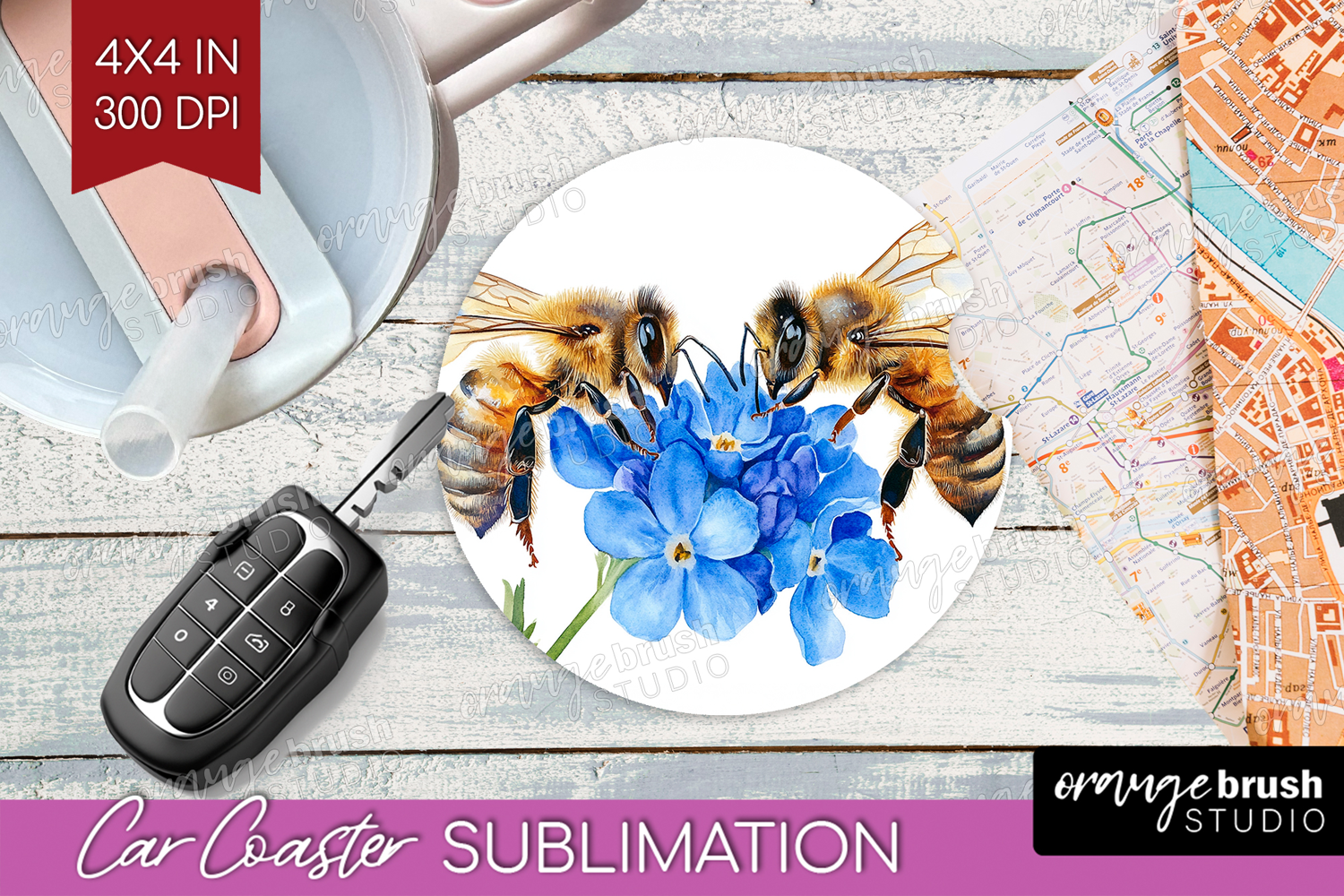 Bee Car Coaster - Watercolor Bee Coaster PNG Sublimation product image 1