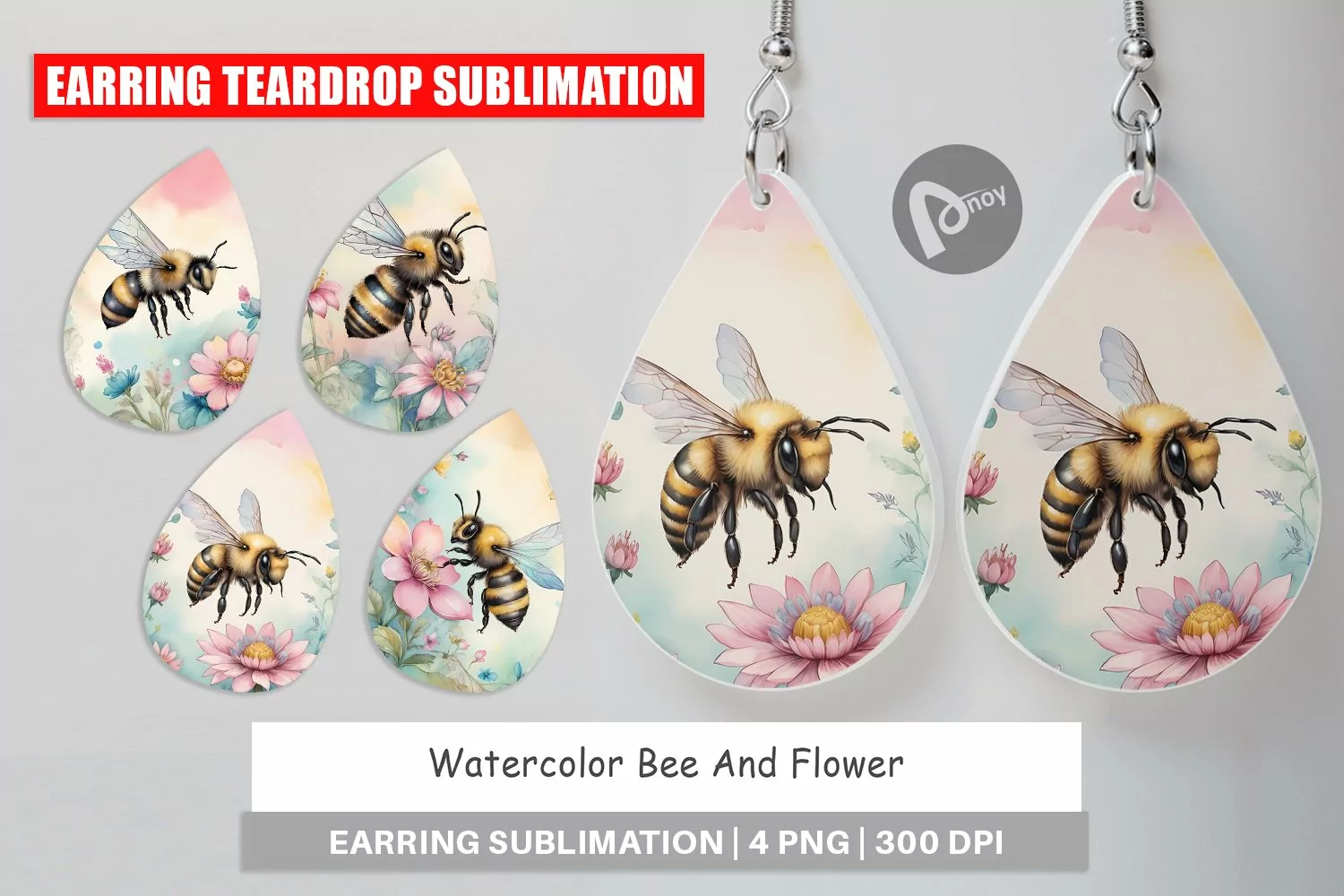 Earring Teardrop Watercolor Bee Flowers product image 1