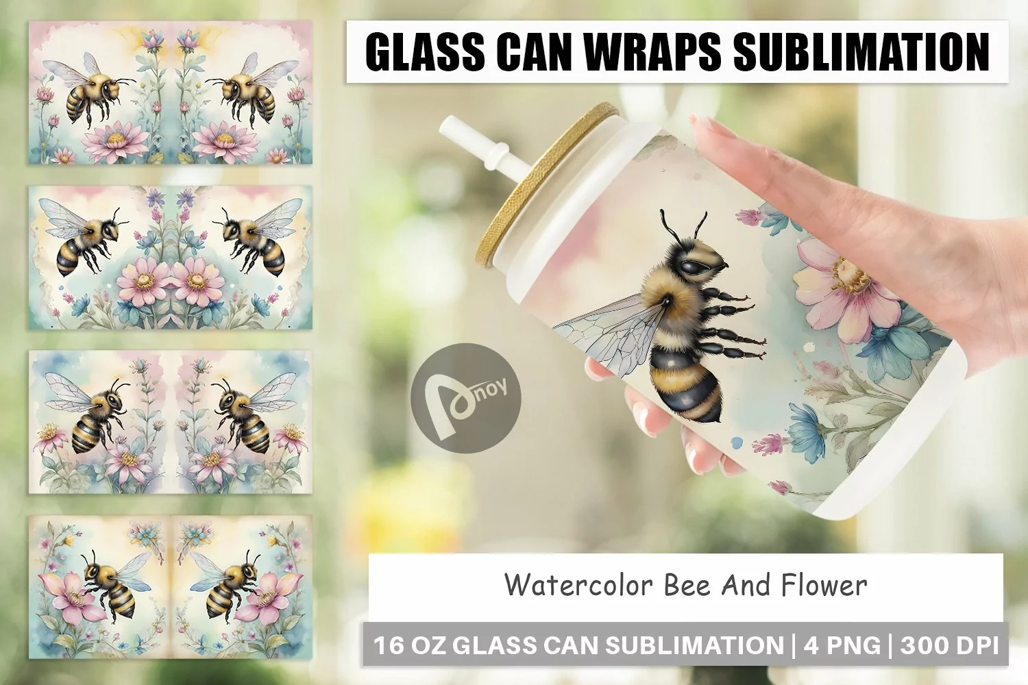 Glass Can Wraps Watercolor Bee Flowers product image 1