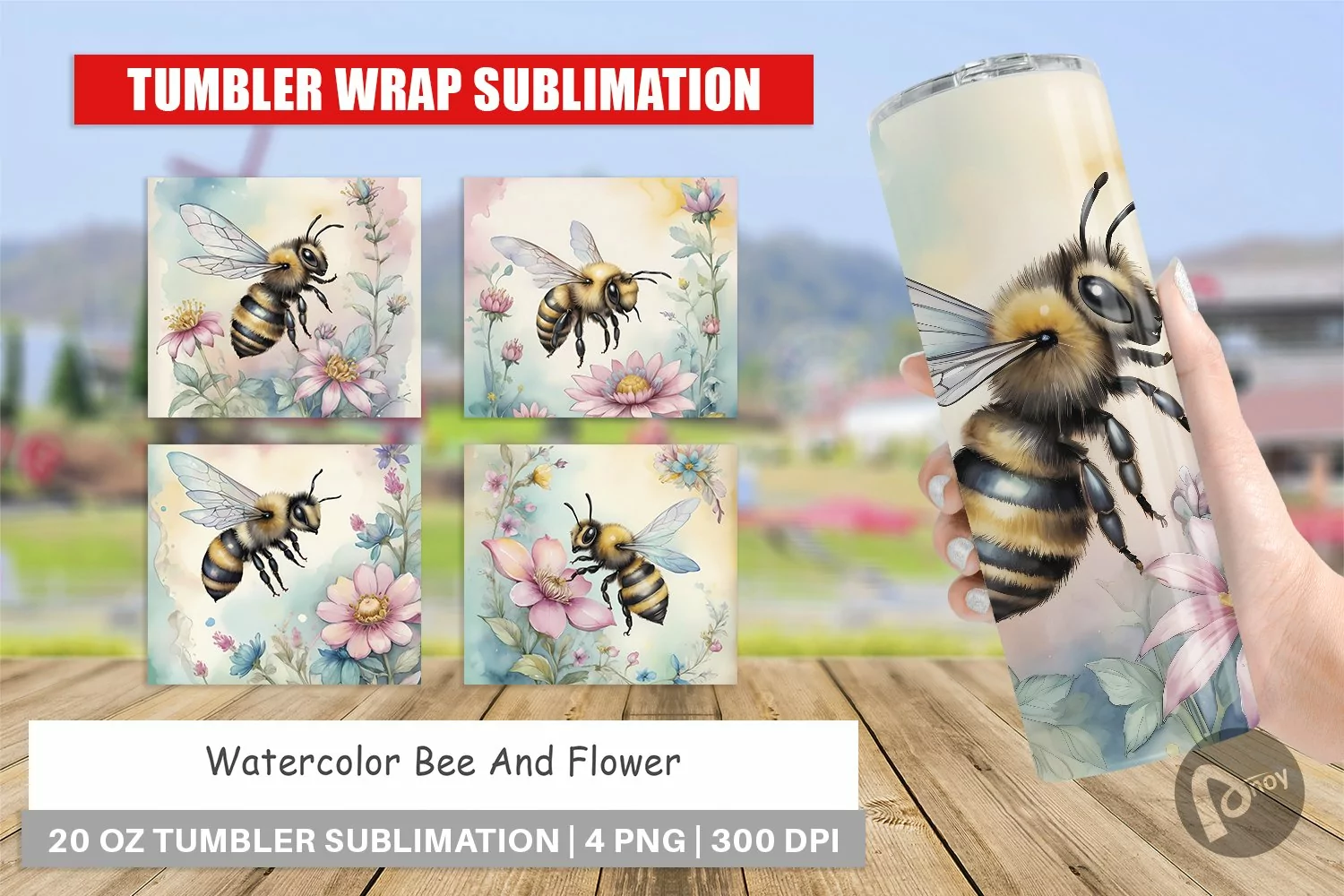 Tumbler Sublimation Wra Watercolor Bee Flowersp product image 1