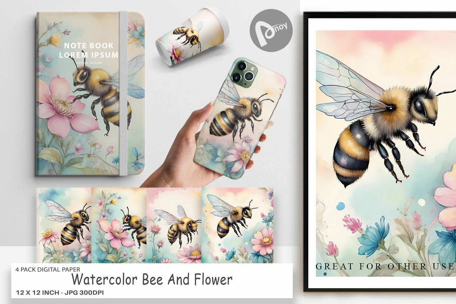 Digital Paper Watercolor Bee Flowers product image 1