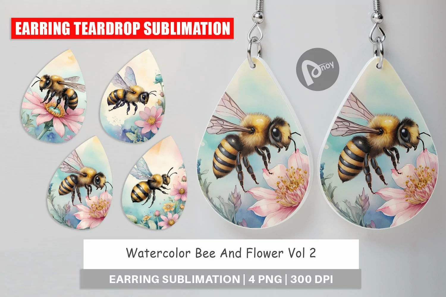 Earring Teardrop Watercolor Bee Flowers product image 1
