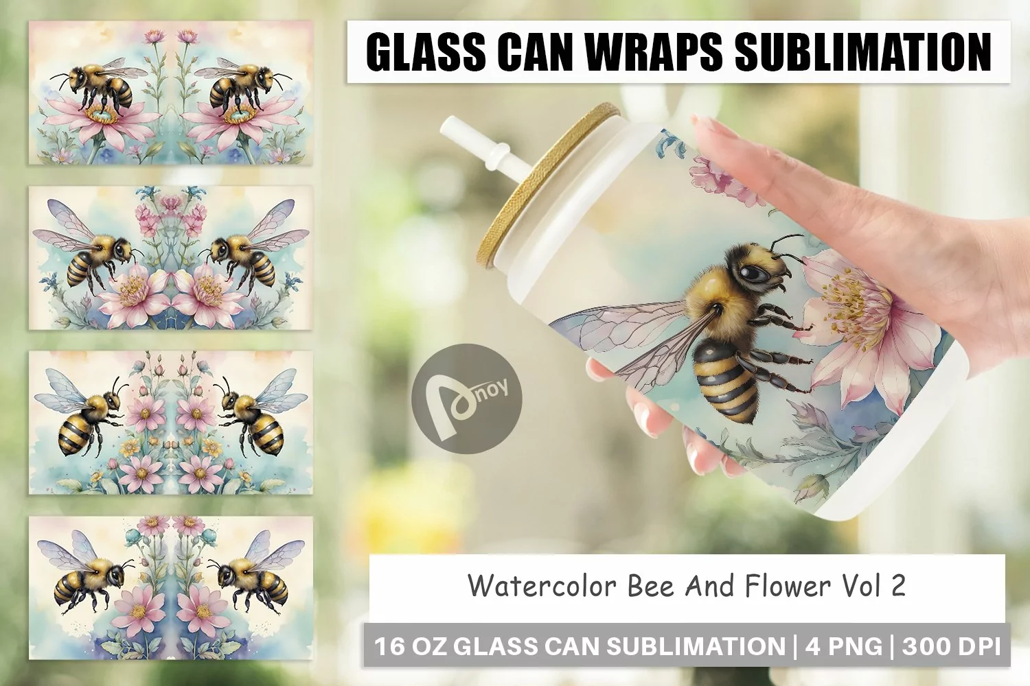 Glass Can Wraps Watercolor Bee Flowers product image 1