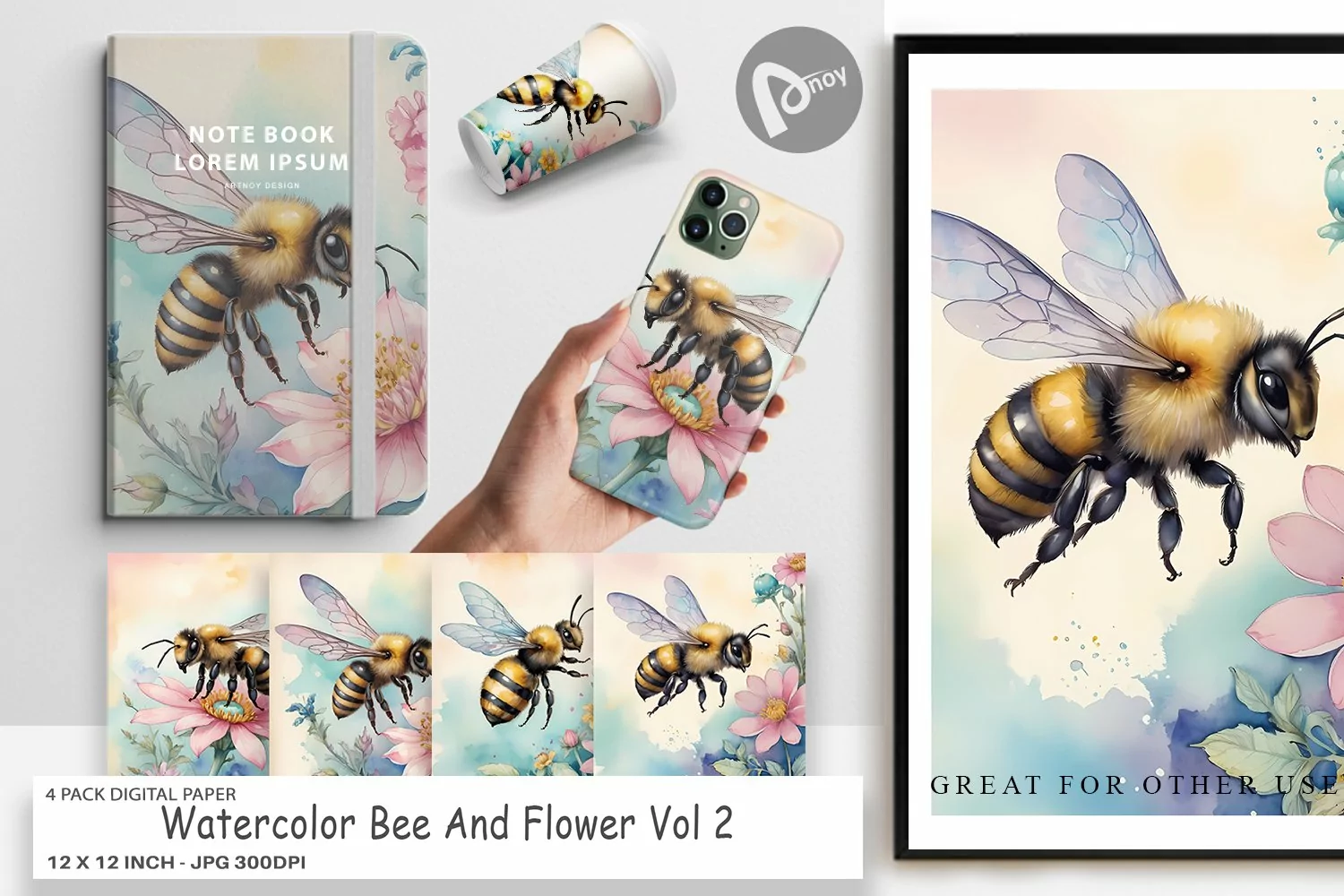 Digital Paper Watercolor Bee Flowers product image 1