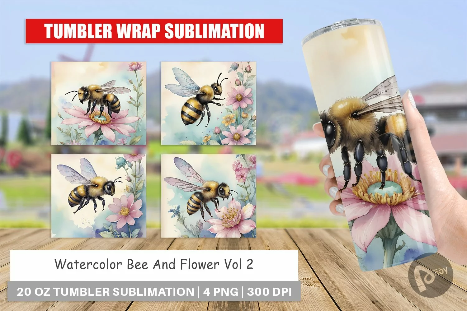 Tumbler Sublimation Wra Watercolor Bee Flowersp product image 1