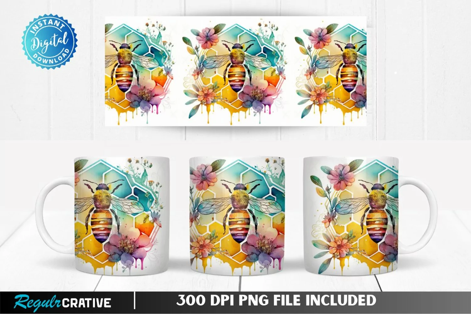 floral mug png,15 oz mug template,seamless mug print,11 oz mug design,full wrap mug,spring mug wrap,summer mug wrapping,farm mug design,garden mug wrap,bee,honey bee,bumble bee,watercolour,mug,cup,dishwasher safe,microwave safe,11oz,15oz