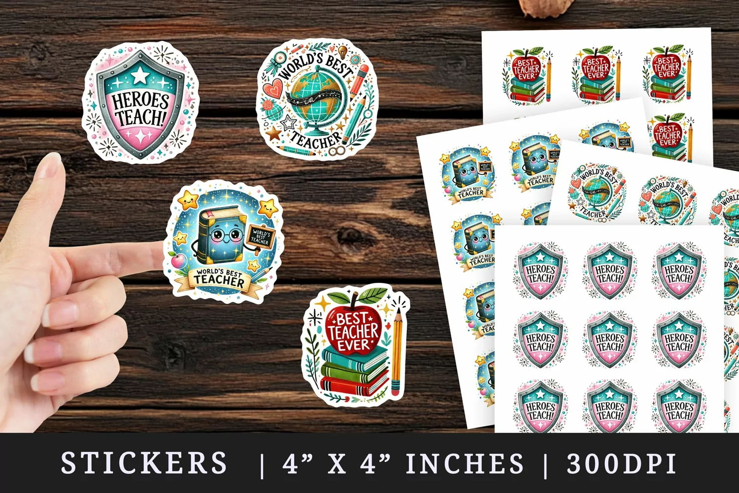 Watercolor best teacher ever globe shield apple with books chalkboard appreciation quote print sticker sheet stickers printable sublimation design png