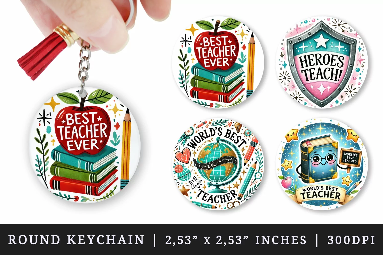 Watercolor best teacher ever globe shield apple with books chalkboard sparkles appreciation quote print round keychain keychains sublimation design